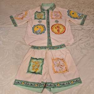 Cream Unique Women's Ethnic Mediterranean Print Large Shirt & Shorts Set